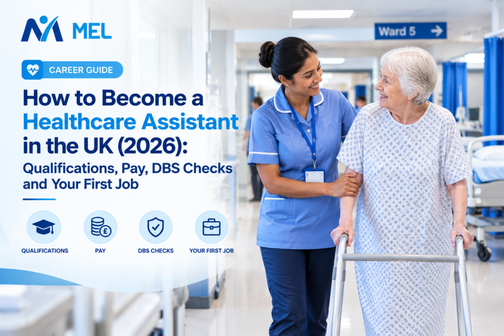 Healthcare assistant helping an older patient walk on a UK hospital ward — how to become a healthcare assistant